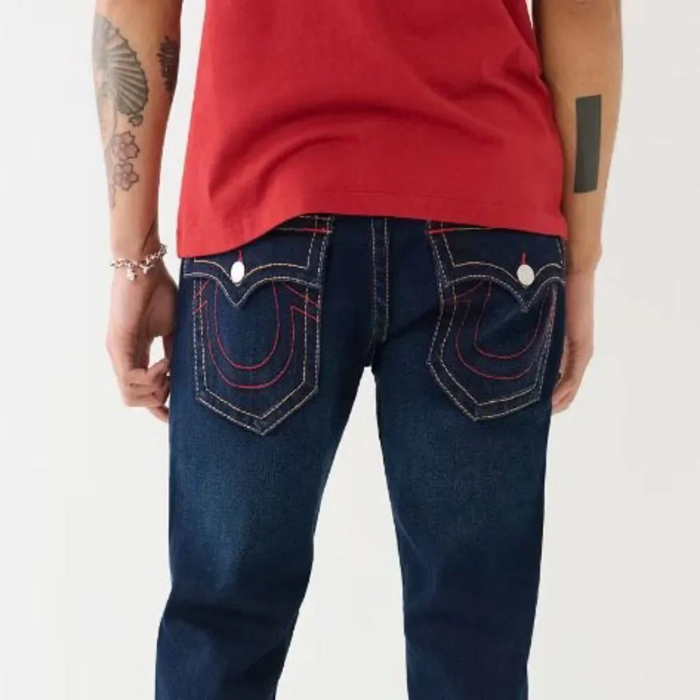 True Religion Men Jeans Blue ROCCO Big T Flap Relaxed Skinny $199 size 34 36 NEW